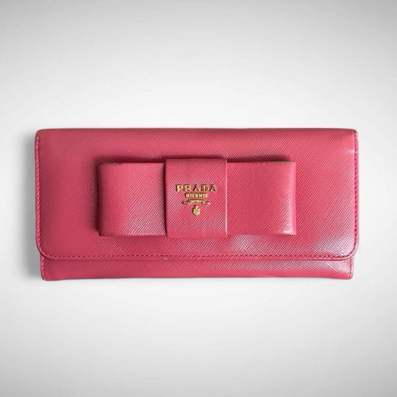 Prada Saffiano Fiocco Pink Peonia Ribbon Bifold Wallet - Picture 2 of 10